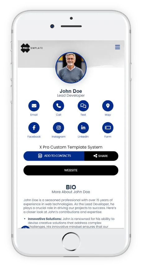 xprotemplate system mobile screenshot team profile digital card